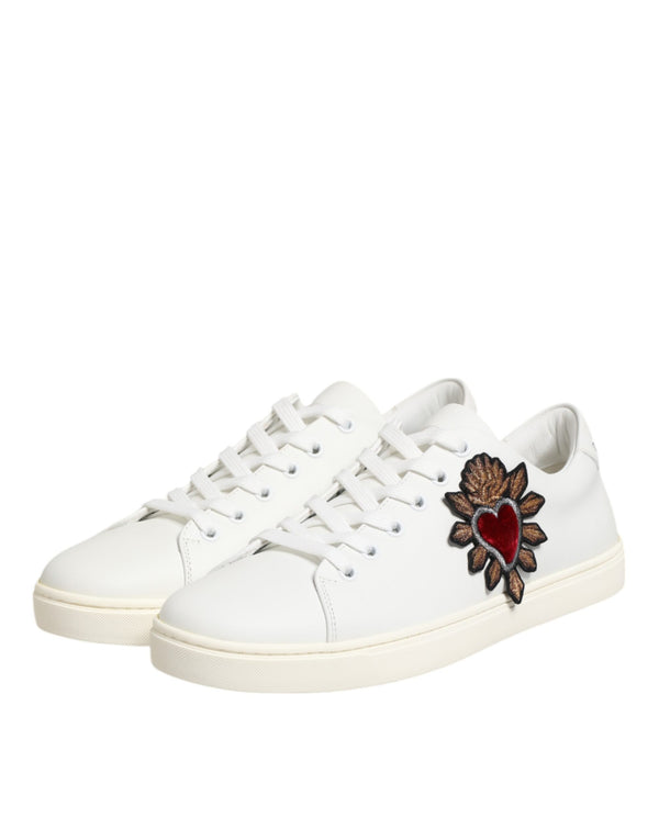 White Leather Sacre Heart Patch Sneakers  Shoes