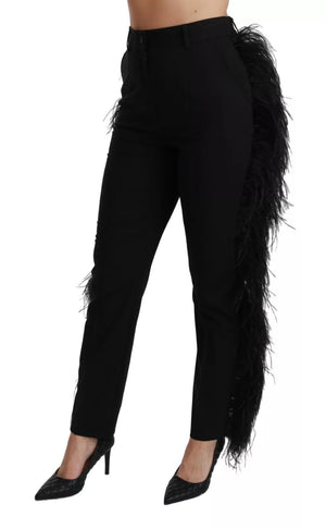 Black Feather Straight High Waist Pants