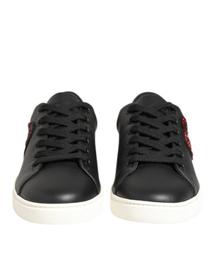 Black White Leather Crystal Heart Sneakers Shoes