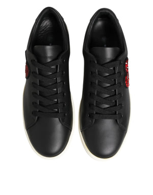 Black White Leather Crystal Heart Sneakers Shoes