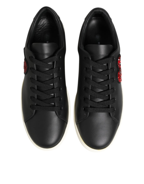 Black White Leather Crystal Heart Sneakers Shoes