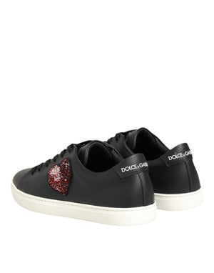 Black White Leather Crystal Heart Sneakers Shoes
