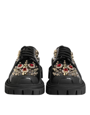 Black Leather Jeweled Crystals Derby Shoes