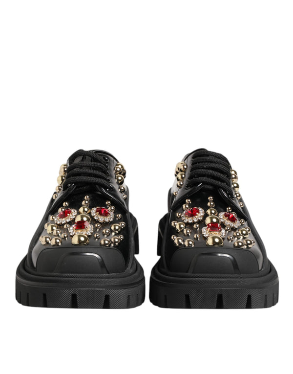 Black Leather Jeweled Crystals Derby Shoes