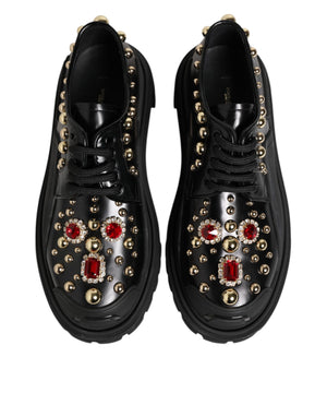 Black Leather Jeweled Crystals Derby Shoes