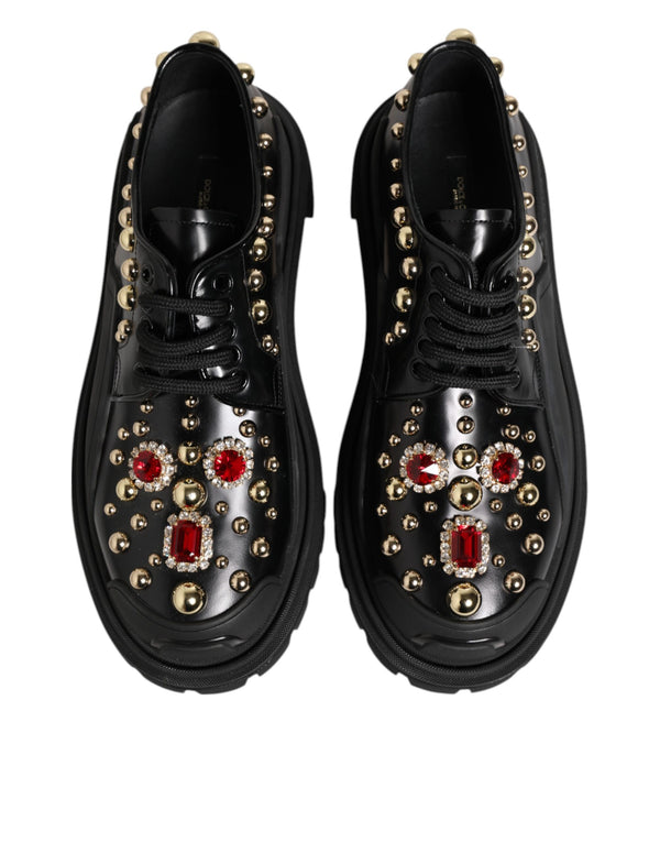 Black Leather Jeweled Crystals Derby Shoes