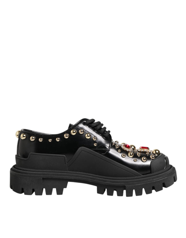 Black Leather Jeweled Crystals Derby Shoes