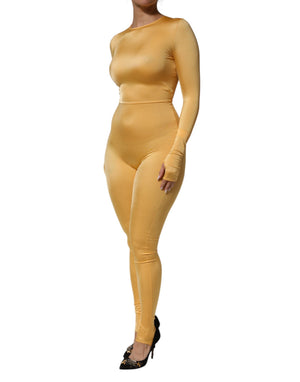 Gold Yellow Stretch Long Sleeve Bodysuit Dress