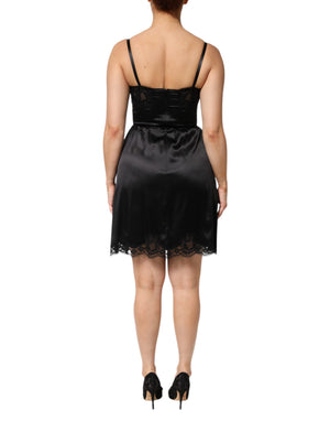 Black Silk Blend Lace Trim Sleeveless Mini Dress