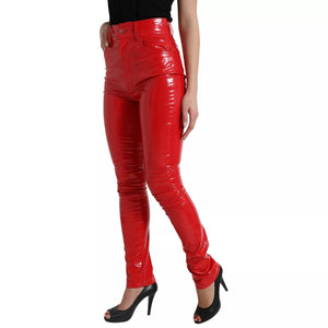 Red High Waist Skinny Trouser Shiny Pants