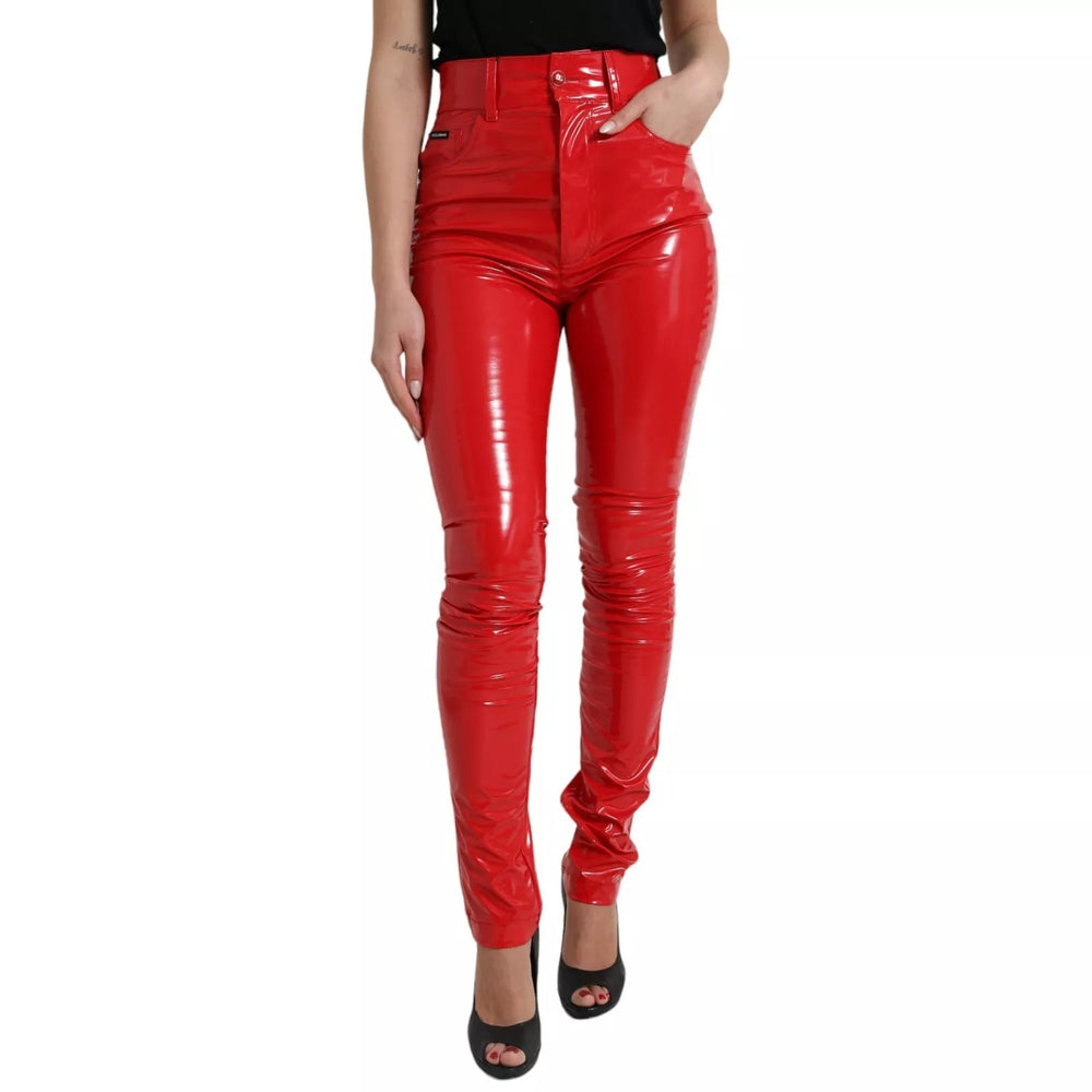 Red High Waist Skinny Trouser Shiny Pants