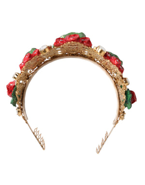 Red Floral Flowerpot Crystal Gold Crown Tiara Headband