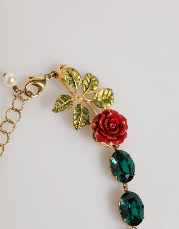 Red Rose Green Crystal Gold-Tone Chain Necklace