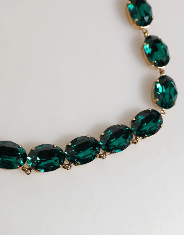 Red Rose Green Crystal Gold-Tone Chain Necklace