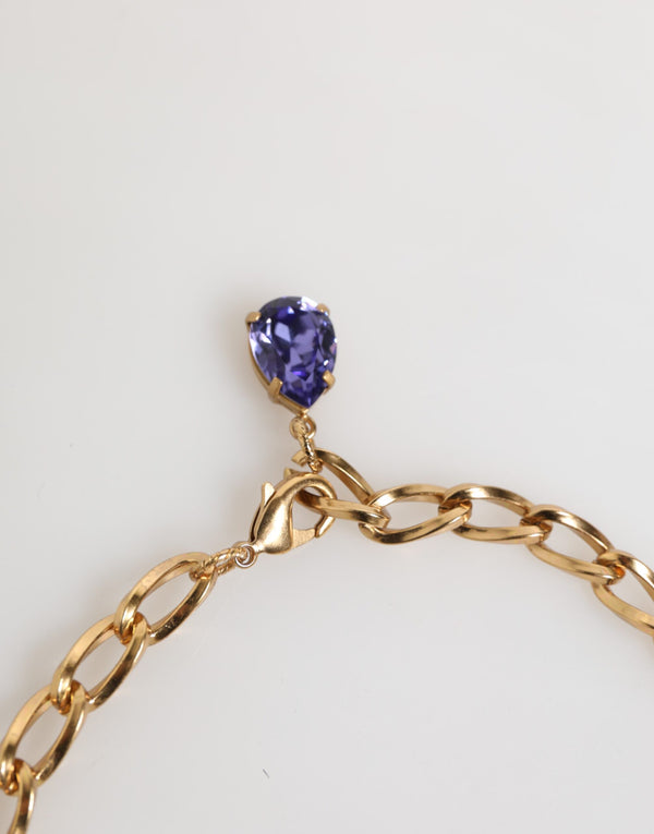 Gold Brass Crystal Pearl Purple Floral Pendant Jewelry Necklace