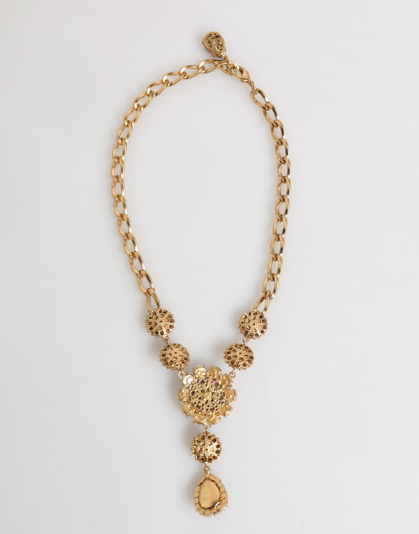 Gold Brass Crystal Pearl Purple Floral Pendant Jewelry Necklace