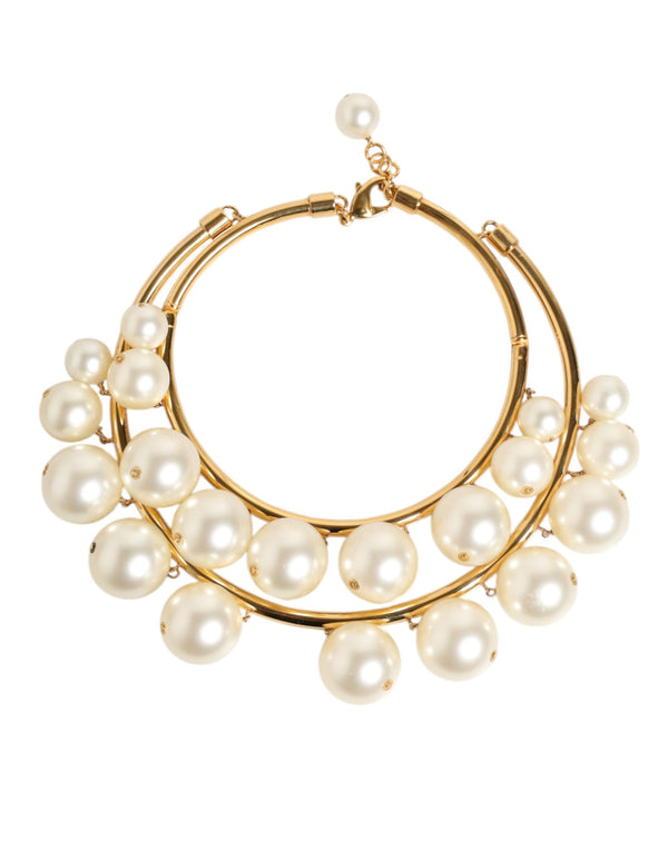 Gold Brass Faux Pearl Crystal Statement Luxury Jewelry Necklace