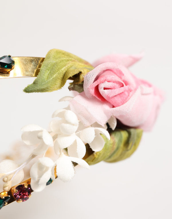 Gold Floral Tiara Pink Roses Crystal Crown Headband