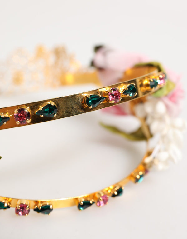 Gold Floral Tiara Pink Roses Crystal Crown Headband