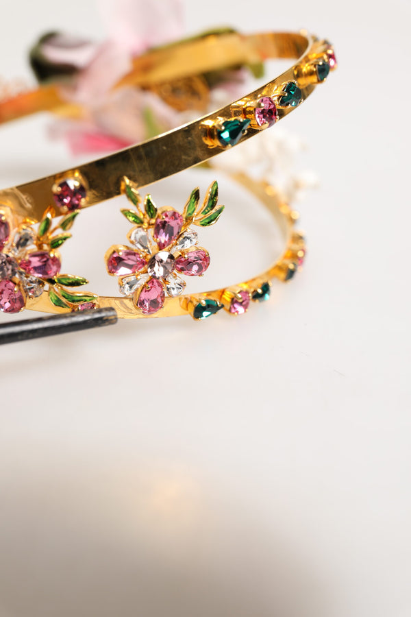 Gold Floral Tiara Pink Roses Crystal Crown Headband