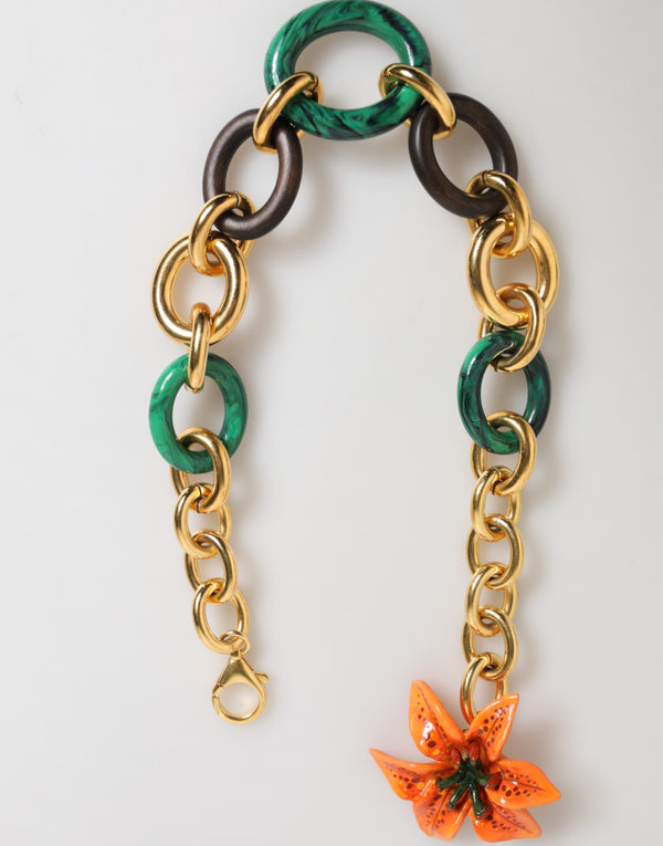 Multicolor Gold Brass Tiger Lily Floral Chai Necklace