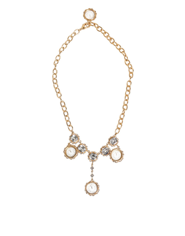 Gold Crystal Clock Face Pendant Statement Jewelry Necklace