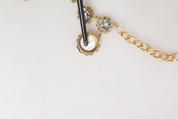 Gold Crystal Clock Face Pendant Statement Jewelry Necklace