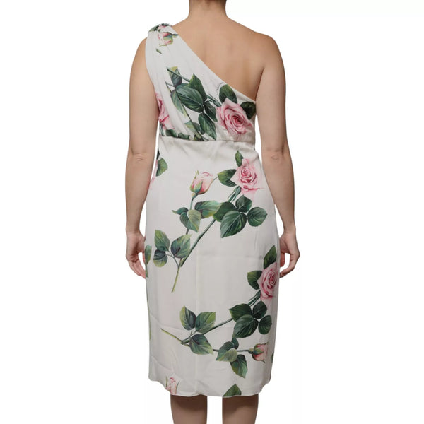 White Floral Silk One Shoulder Midi Dress