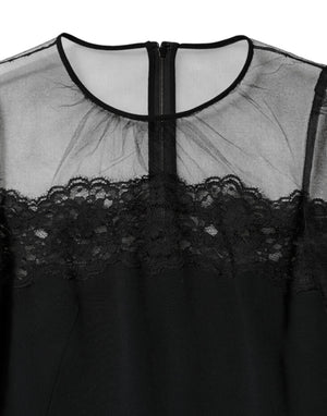 Black Lace Trim Nylon Tulle SheathMidi Dress