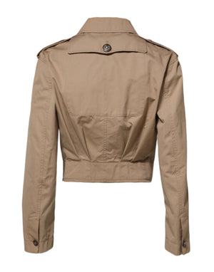 Beige Cotton Button Up Fitted Cropped Jacket