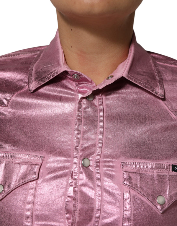 Pink Cotton Stretch Collared Cropped Jacket