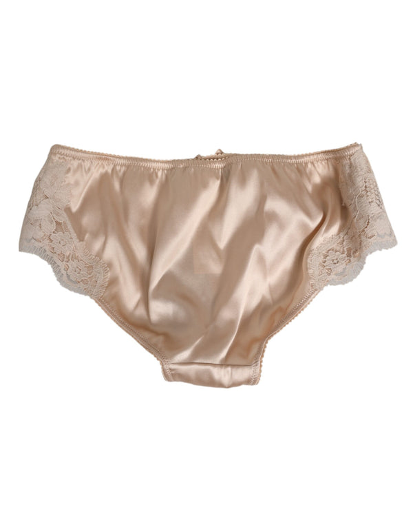Beige Silk Satin Floral Lace Panty Brief Underwear