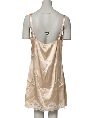 Nude Chemise Lingerie Silk Blend Lace Trim Dress