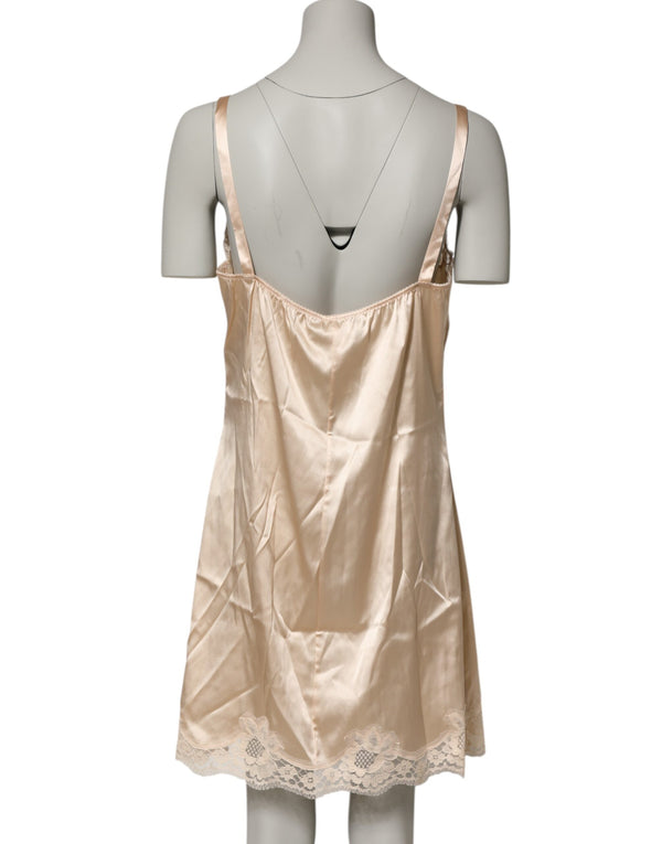 Nude Chemise Lingerie Silk Blend Lace Trim Dress