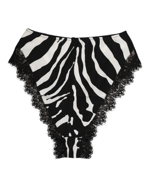 Black Silk Zebra Print Lace High Waist Underwear