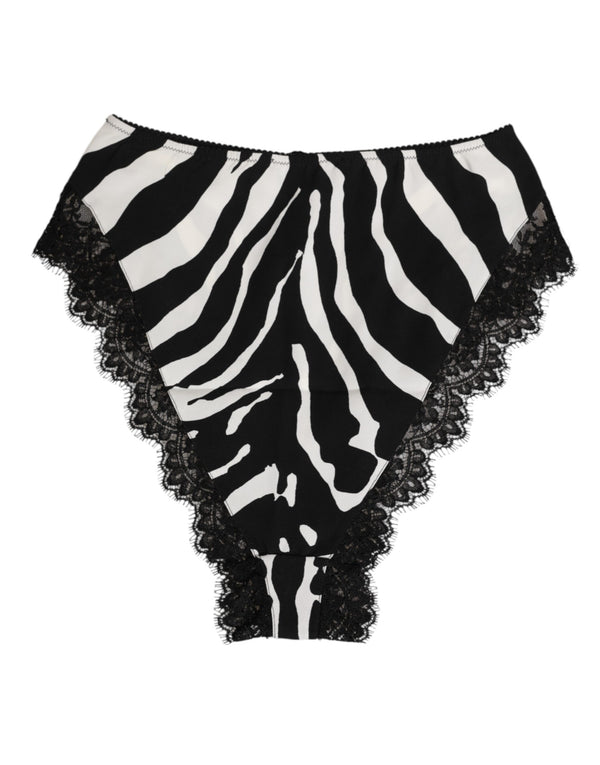 Black Silk Zebra Print Lace High Waist Underwear
