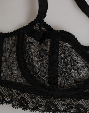 Black Floral Lace Nylon Balconcino Bra Underwear