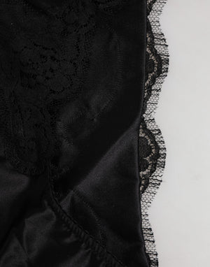 Black Silk Satin Floral Lace Panty Brief Underwear