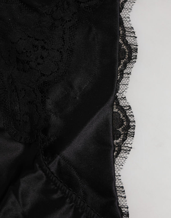 Black Silk Satin Floral Lace Panty Brief Underwear