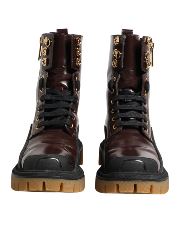 Maroon Leather Mid Calf Biker Boots Shoes