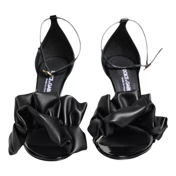 Black Leather Ankle Strap Heel Sandals Shoes