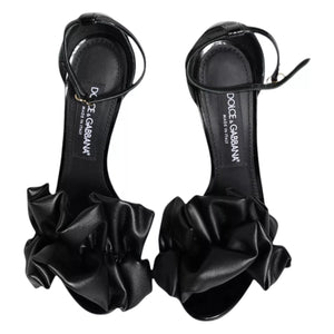 Black Leather Ankle Strap Heel Sandals Shoes