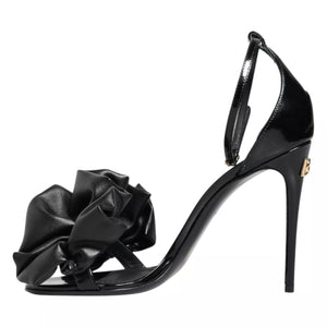 Black Leather Ankle Strap Heel Sandals Shoes
