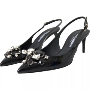 Black Patent Leather Crystal Slingback Shoes
