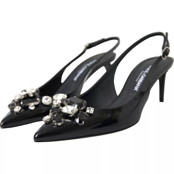 Black Patent Leather Crystal Slingback Shoes