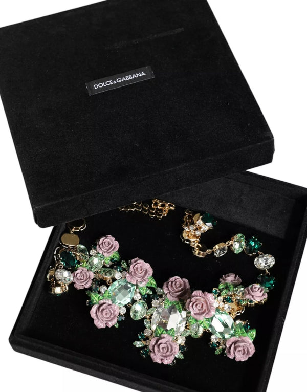 Gold Brass Link Chain Rose Petal Crystal Necklace