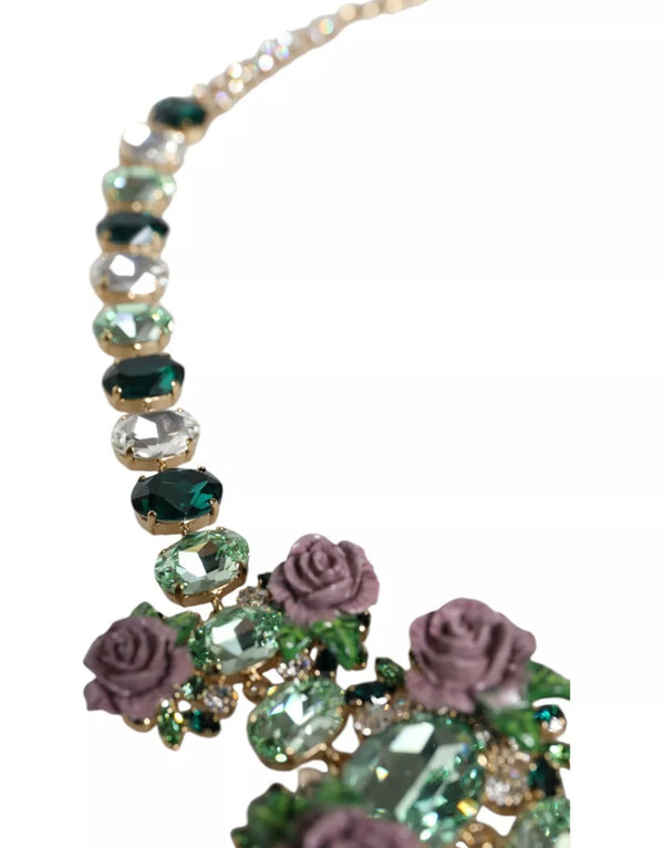 Gold Brass Link Chain Rose Petal Crystal Necklace