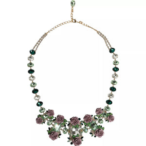 Gold Brass Link Chain Rose Petal Crystal Necklace
