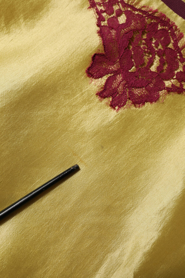 Yellow Silk Satin Floral Lace Short Sleeves Top