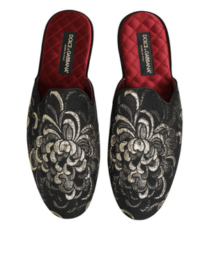 Black Floral Jacquard Slides Slippers Shoes